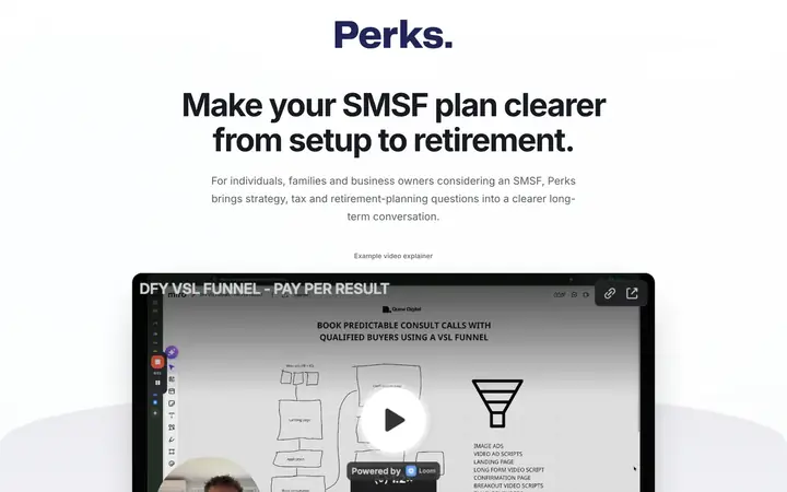 Landing page preview for Perks